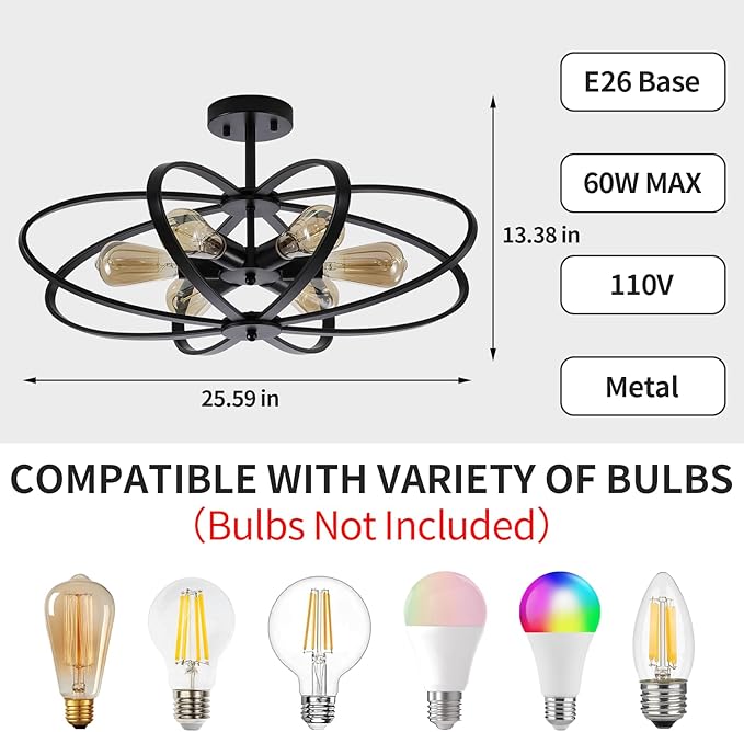 Semi Flush Mount Ceiling Light Fixture Chandelier 6-Light Kitchen Ceiling Lights 25'' Black Farmhouse Chandelier Style Flower Shape Light Fixture Bedroom for Foyer,Entryway,Living Room