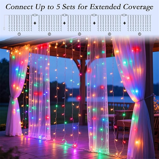 200 LED Multicolor Rainbow Curtain String Lights 9.8x6.6FT, Plug in Fairy Lights with 9 Hooks, Dimmable, Timer 8 Modes, IP44 Waterproof, Bedroom Party Wedding Christmas Indoor Outdoor Decor
