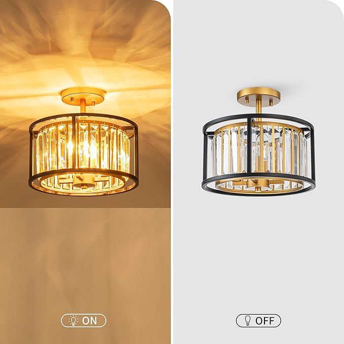 3-Light K9 Crystal Drum Ceiling Lights, Modern Style Semi-Flushmount Light Fixture for Dining Room, Living Room, D12 * H10 inch, Clear Crystal, Gold & Black Finish Frame