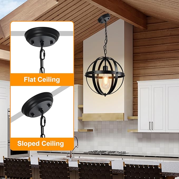 DLLT Vintage Globe Pendant Hanging Light, Matte Black, 1-Light, E26 Base, Ideal for Dining Room, Kitchen Island, Living Room, Home Office