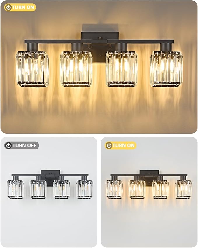 OKELI 4-Light Bathroom Light Fixtures, Modern Black Crystal Wall Light for Bathroom,Lighting Fixtures Over Mirror