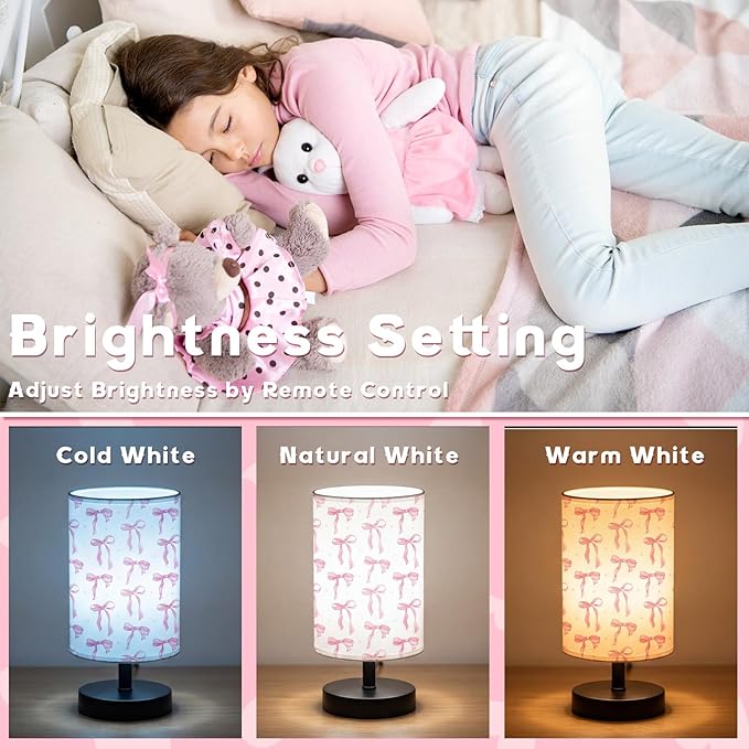 Glooglitter Pink Bow Table Lamp Gifts 3 Colors Dimmable Lights 11.02 x 5.12 Inch Night Light Bedside Lamps Decoration for Bedroom Desk Birthday Gifts for Home Decor