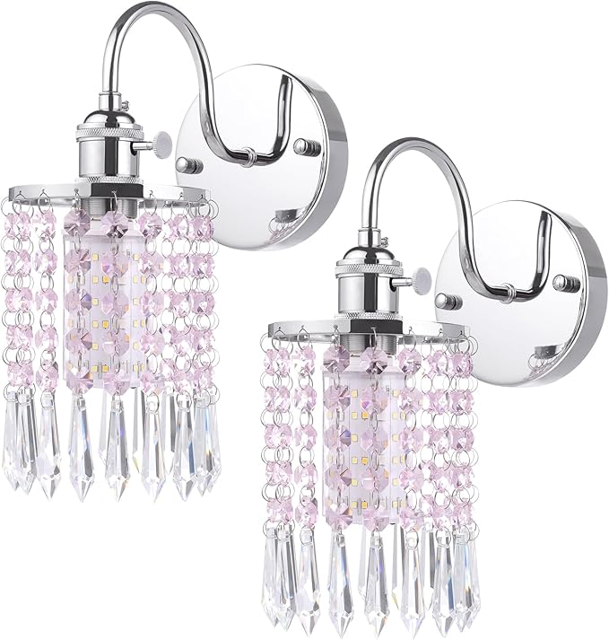 Shenmoyl Set of 2 Crystal Battery Operated Wall Sconce, Rechargeable Battery Powered Wall Lamp with Remote Control, Modern Dimmable Wall Lights for Bedroom Bathroom(Pink, Silver Base)
