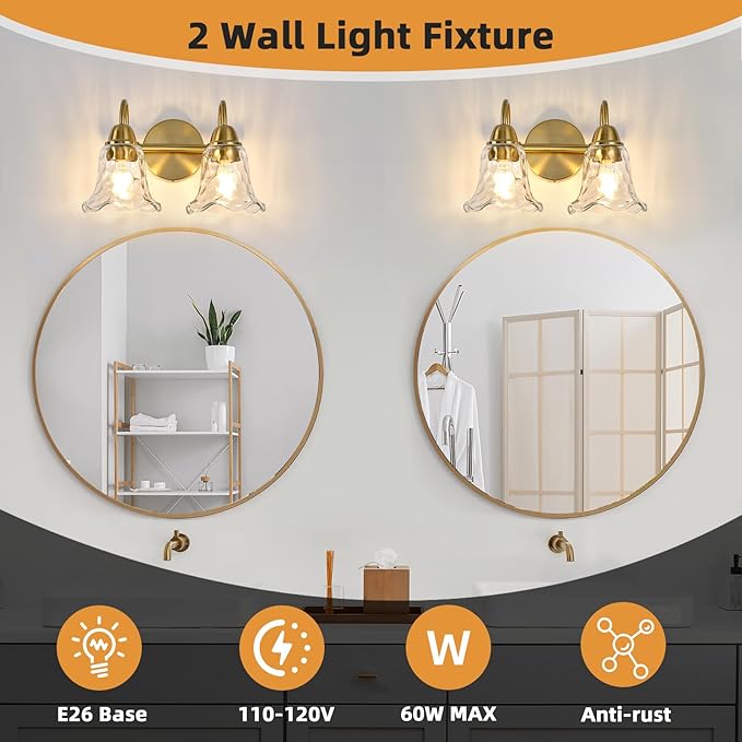 Bathroom Light Fixtures Over Mirror, 2 Lights Vintage Wall Sconces with Hammered Glass Shade, 12.6" Gold Bathroom Wall Light Fixtures for Bedroom, Porch, Hotel, Mirror Cabinet