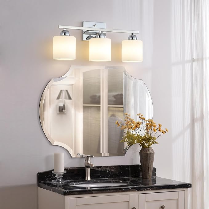Mecgirn Stainless Steel Milk Glass Vanity Lights for Bathroom, 3 Light Chrome Bathroom Light Fixtures Over Mirror, Ceramic E26 Sockets Wall Mounted