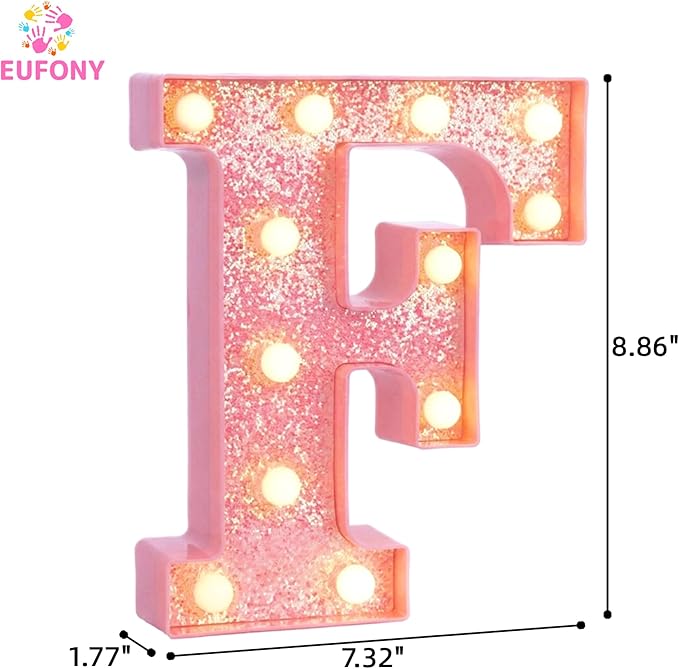 Pink Marquee Light Up Letters, Glitter Alphabet LED Letter Lights for Pink Birthday Party Decorations, Battery Operated Letter Sign for Girls Room Vanity Table Decor, Warm White Lights Letter F