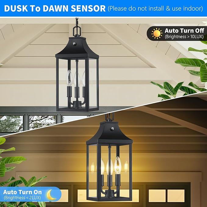 15'' Large Outdoor Pendant Light Fixtures 3-Light, Dusk to Dawn Exterior Hanging Lantern Porch Light Adjustable, Black Hanging Lamp Farmhouse Exterior Chandelier Ceiling Mount for Patio, 1Pack