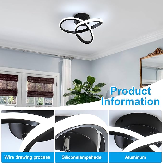 Modern LED Ceiling Light, 22W Spiral Design Hallway Light Fixtures 6500K Cool White Light Lamps for Corridor Aisle Balcony Bedroom Kitchen Office (Black)