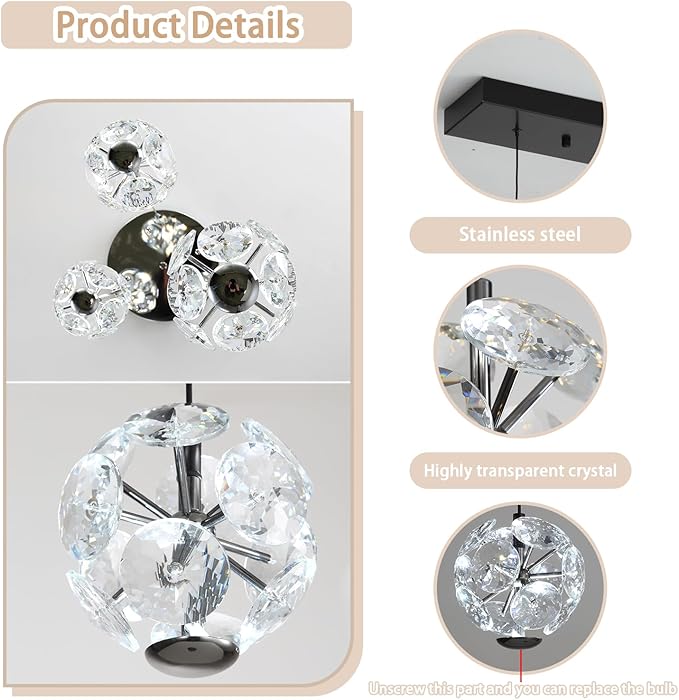 ykolupty 5-Lights Crystal Globe Pendant Light Kitchen Island Black Linear Chandeliers for Dining Room,LED Dimmable Globe Chandelier for Kitchen Living Room Foyer