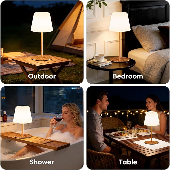 NEEZUKAR Cordless Table Lamp for Bedroom,Rechargeable IP65 Waterproof Shower Lamp with Battery Operated, Touch Dimmable LED Desk Light for Bathroom,Kitchen,Outdoor Patio (Wood Grain)