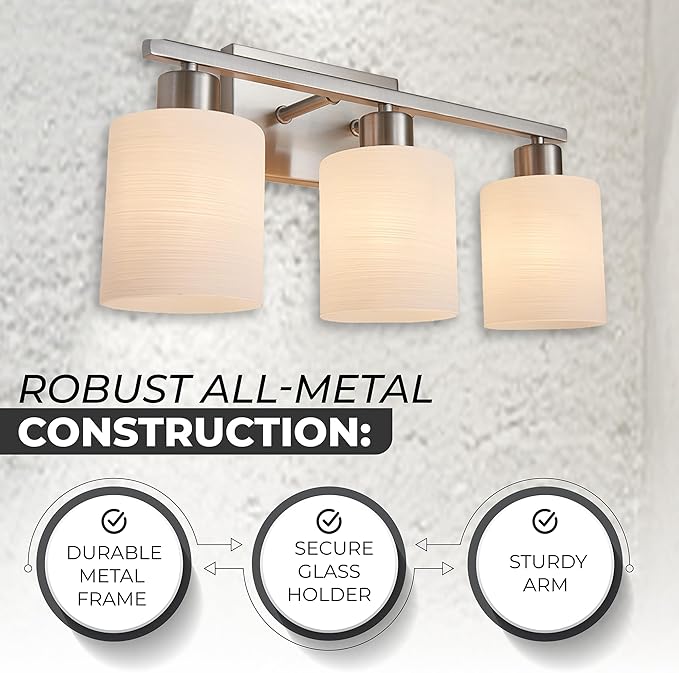 The Door Bull Modern Bathroom Vanity Light, Milky White Glass Shades, Wall Sconce for Bedroom & Living Room, E26 Socket, Over Mirror Lighting Fixture (Brushed Nickel, 3 Lights)