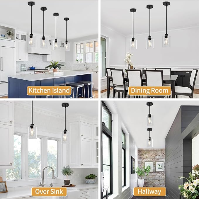 3 Pack Black Pendant Lights Kitchen Island, Modern Glass Pendant Lighting Over Island Kitchen Hanging Dining Room Light Fixtures Adjustable Pendant Lights for Bathroom Hallway Entryway Bedroom