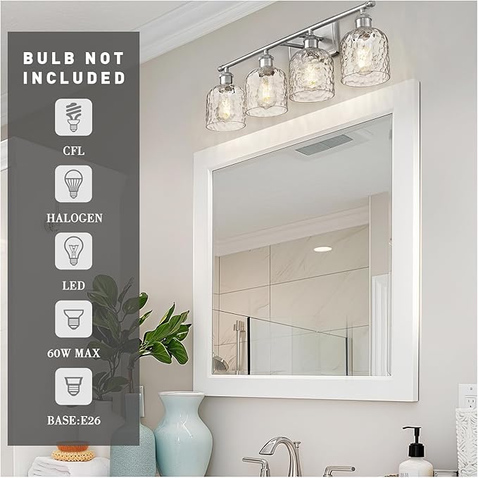 zeyu 27 Inch Bathroom Wall Light Over Mirror, 4-Light Vanity Lighting Fixture, Brushed Nickel Finish with Clear Hammered Glass, ZJF63B-4W BN
