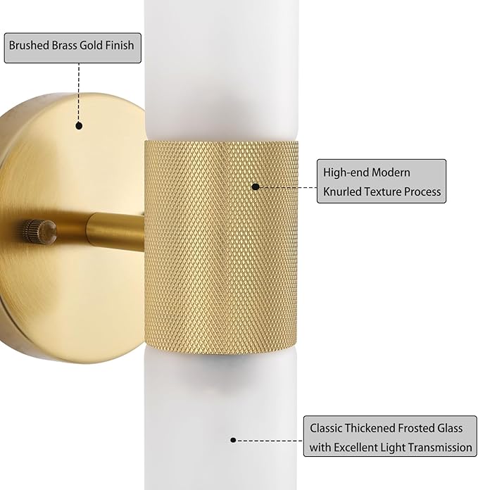 BYOLIIMA Gold Knurled Texture Wall Sconce Frosted Glass Shade Modern Bathroom Vanity Light Fixtures 2-Lights Mid Century Wall Light for Mirror Living Room Hallway E26 T10 Bulbs(Excluded)