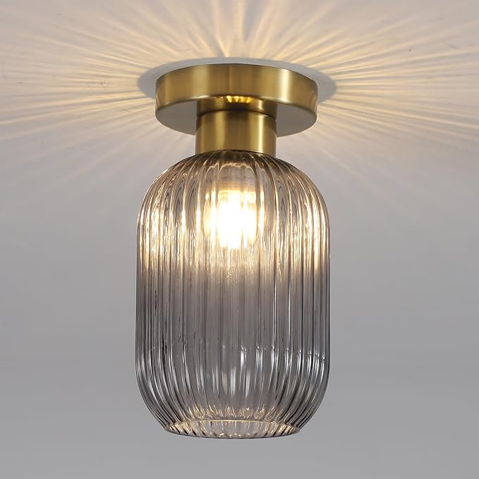 BOKT Vintage Close to Ceiling Light Fixture Gold Semi Flush Mount Ceiling Light Fixture with Smoke Grey Stripe Glass Modern Indoor Hanging Light for Kitchen Living Room Hallway