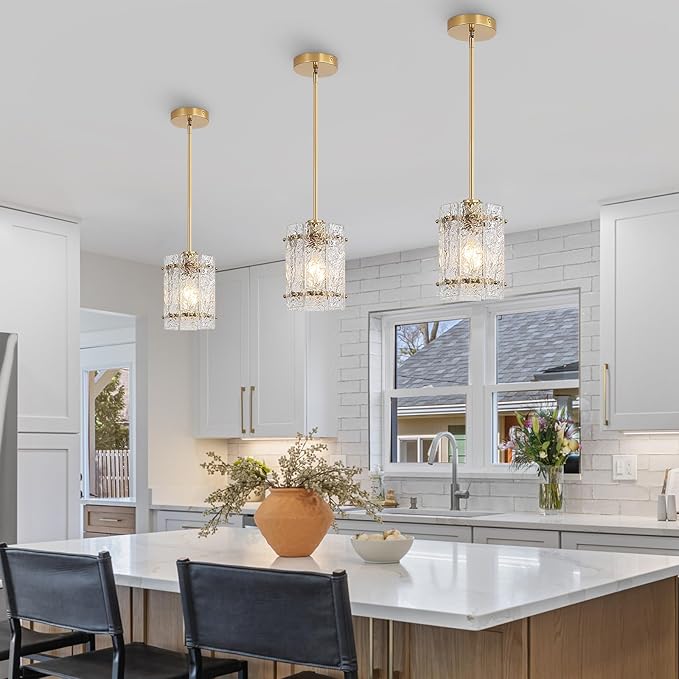 Gold Pendant Lights Kitchen Island, Water Ripple Round Pendant Lights Adjustable Modern Hanging Pendant Light Fixtures for Kitchen Island Dining Room Above Sink Foyer Entryway 2 Pack