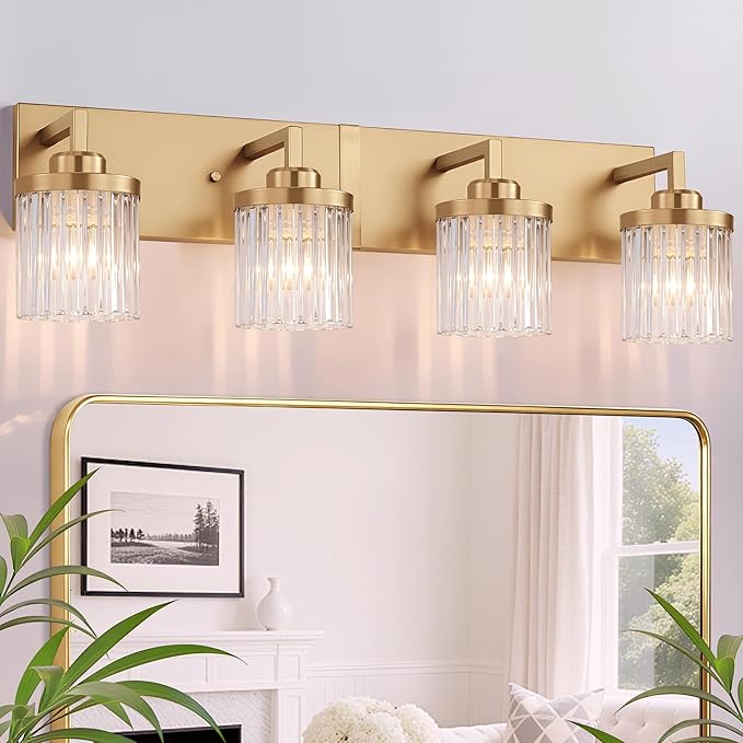 Modern Crystal Bathroom Light Fixtures, 4 Light Gold Vanity Lights, with Crystal Glass Shade, Industrial Bathroom Lighting Fixtures Over Mirror Wall Light for Bedroom Living Room