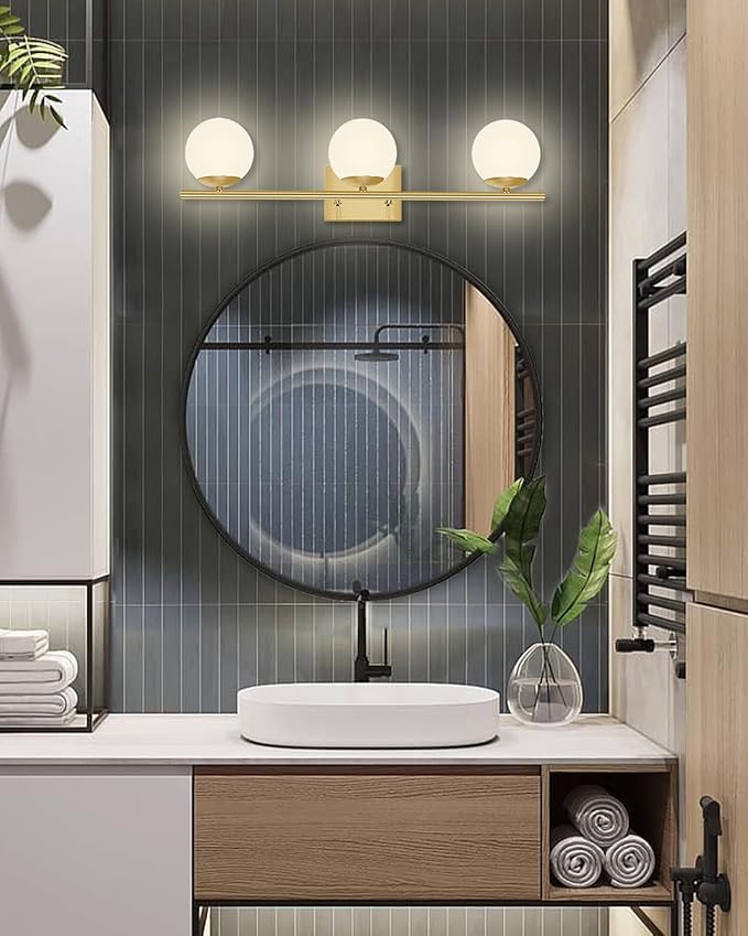 Brushed Brass Bathroom Vanity Light fixtures,24‘’ 3 Lights Modern Globe Glass Shade Wall Sconce for Over Mirror, Damp Rated