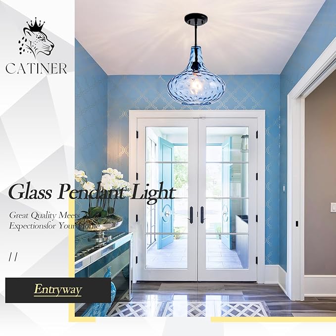 CATINER 11" Hand-Blown Blue Glass Pendant Light, Modern Hammered Glass Hanging Light Fixture with Black Finish, Adjustable Ceiling Pendant Lighting for Kitchen Island, Dining Room, Living Room