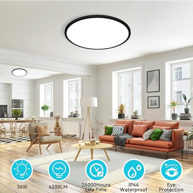 libtit 16.5 Inch Large Black Flush Mount Ceiling Light, 4200LM 36W Low Profile LED Ceiling Lights, Warm to Cool White Surface Mount Light Fixture for Bedroom Kitchen Livingroom