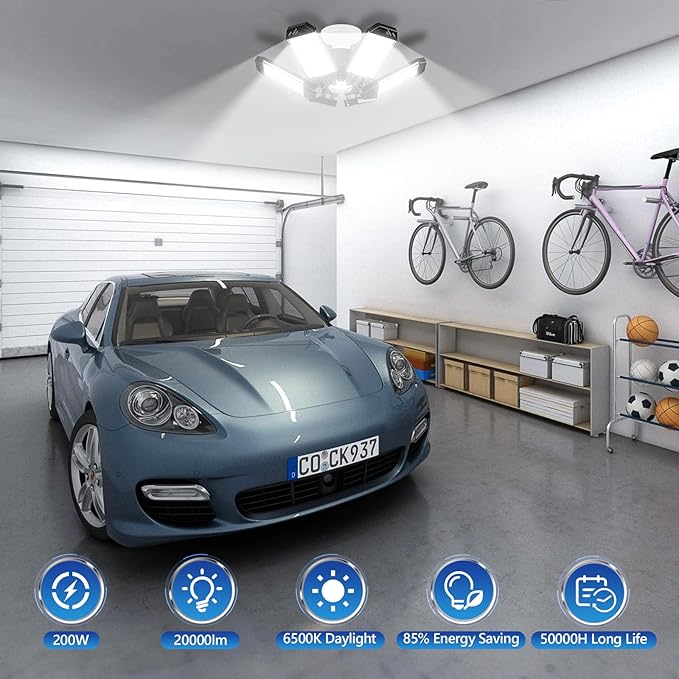 LED Garage Light - 200W 20000LM Garage Lights Ceiling LED, 6500K Shop Lights Screw in E26/E27 Bulb Socket with 6 Deformable Panels, Lighting for Workshop Basement Barn