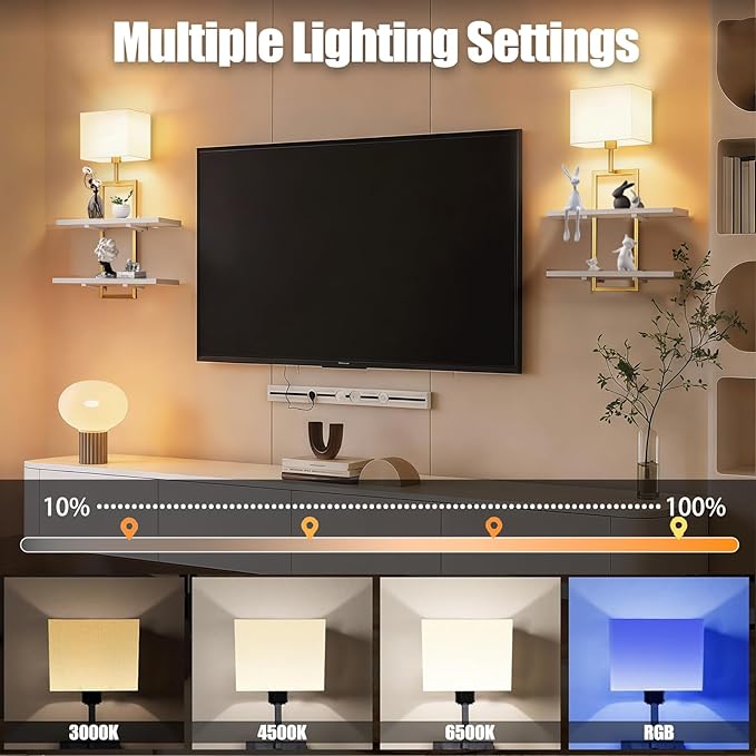 Set of 2 Battery Operated Wall Sconce with 2-Tier Shelf, Remote Wireless Rechargeable Dimmable Wall Lights with Floating Shelves, Wall Lamps for Bedroom Living Room Hallway Bathroom Decor, Gold