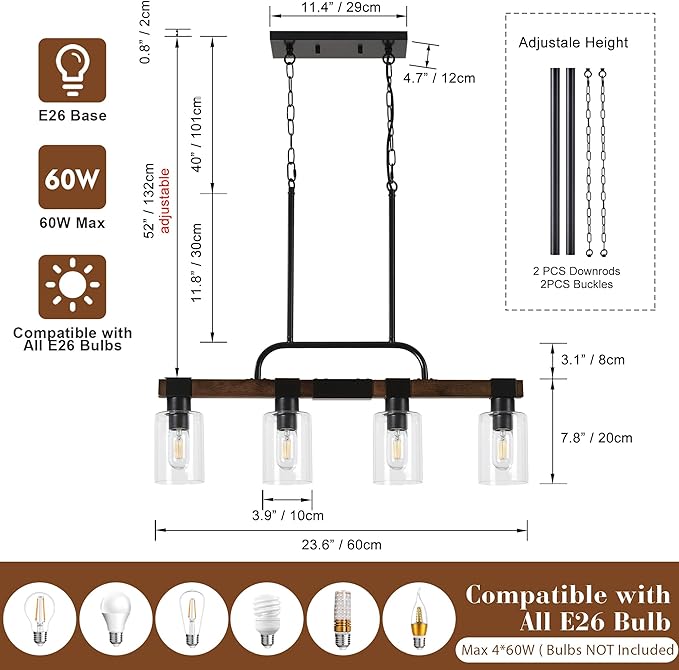 Farmhouse Dining Room Light Fixtures Over Table，Rustic Ceiling Pendant Lights Kitchen Island，4-Light Wood Kitchen Island Lighting Linear Chandelier with Clear Glass lampshade