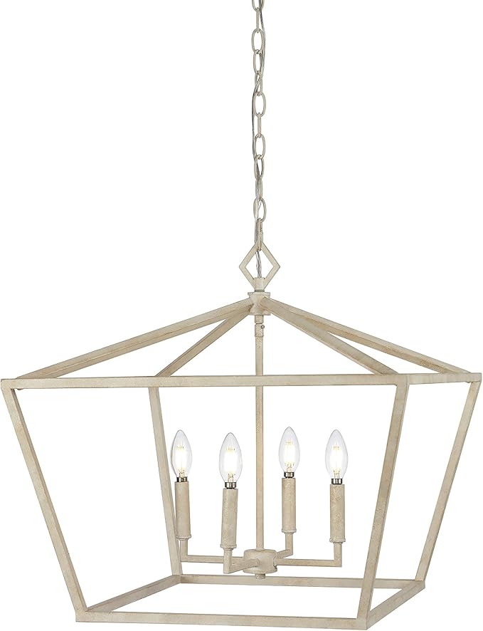 JONATHAN Y 23" Antique White 4-Light Rustic Glam Adjustable Iron LED Pendant, Open Cage Lantern Hanging Light for Dining Room, Kitchen Island, Foyer, Farmhouse French Country JYL7520A