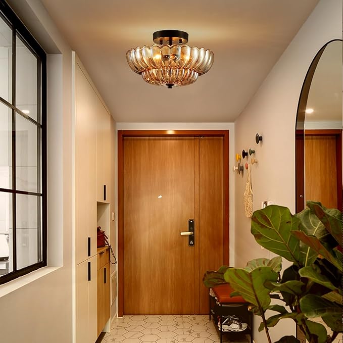 XINGQI Modern Black Semi Flush Mount Ceiling 3-Light 11.8“ Amber Glass Close to Ceiling Light Fixtures for Bedroom Living Room Entryway Hallway