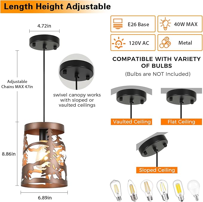 2 Pack Rustic Bear Pendant Lights, 1-Light Brushed Bronze Round E26 Base Cage Metal Fixture Adjustable Hanging Height for Kitchen Island, Hallway, Dining Room, Foyer(No Bulb Included)