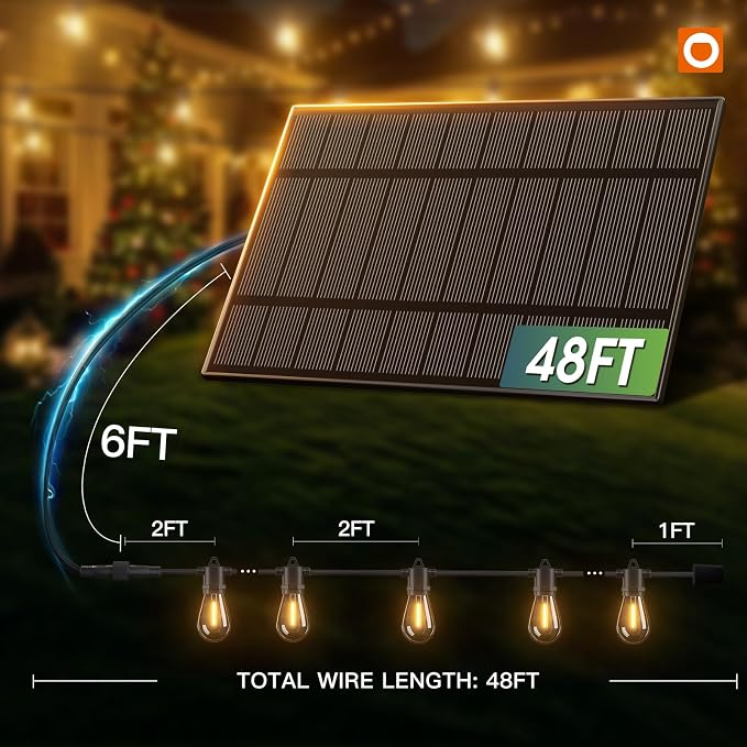 addlon 54FT Solar String Lights Outdoor Waterproof with USB Charging & Remote Control - Dimmable Solar Power Patio Lights with 26 LED Bulbs for Porch, Garden, Yard, Market, Bistro - Lasts 20+ Hrs