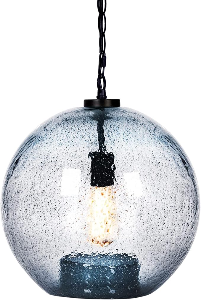 CASAMOTION Farmhouse Pendant Lighting Hand Blown Blue Glass Pendant Lights Kitchen Island Dining Room Table Entryway Black Ceiling Hanging Light Fixtures Large Globe Shade 15.6 Inch H