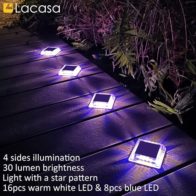 Lacasa Outdoor Solar Light, 4 Pack 30LM IP68 Waterproof Solar Garden Light Auto On/Off Solar Lighting for Pathways Paths, Mixed Colours (Warm White + Blue Light)