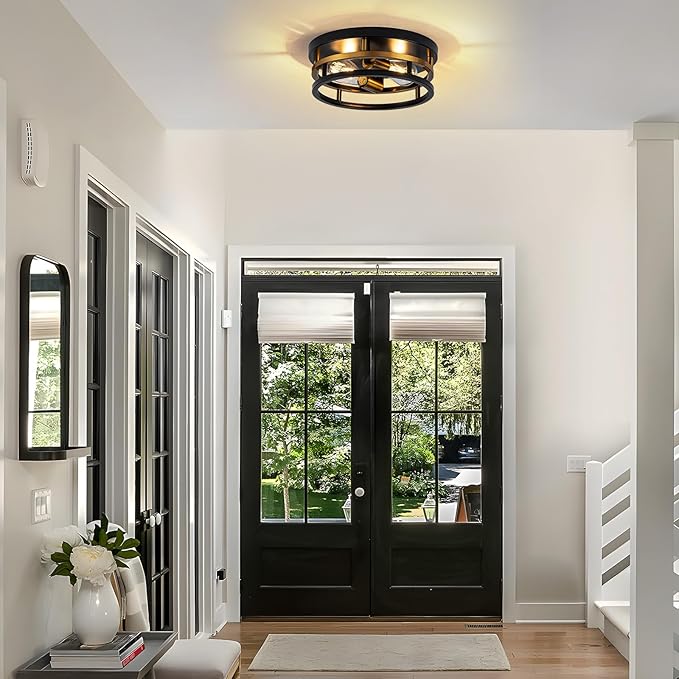 Antique Gold Bronze Flush Mount Light, Electroplated Bronze & Black 2-Light Fixture for Kitchen Hallway Bedroom, Low Profile E26 Close-to-Ceiling Lighting (Single Unit)
