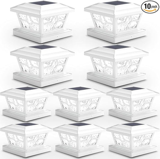 SIEDiNLAR Solar Post Lights Outdoor 10 Pack 4 Modes 40 LEDs Deck Fence Post Cap Light for 4x4 5x5 6x6 Vinyl/Wooden Posts Patio Decor, Warm/White Dynamic Lighting (White)