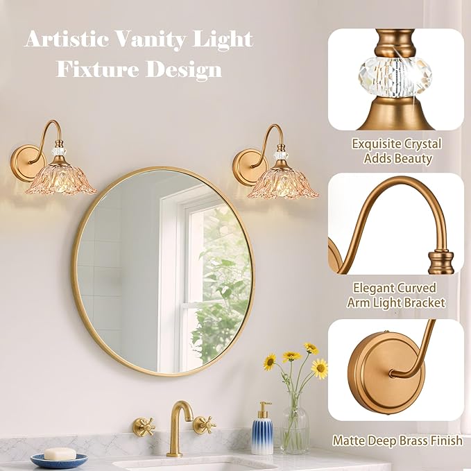 1 Piece Vintage Wall Sconce with Floral Amber Glass Shade, Matte Deep Brass Finish Wall Sconce for Bathroom,Vintage Amber Bathroom Vanity Light Fixture