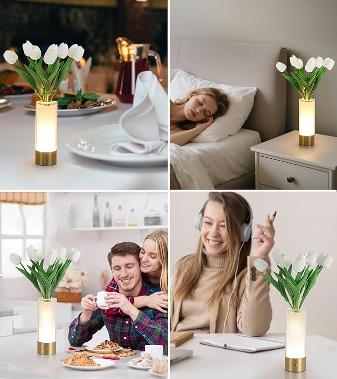 AIHYING Flower Night Light,Touch Vase Lamp,Rechargeable Cordless Table Lamp,Dimming Small Mood Lighting for Dining Table/Bed Room/Bathroom/Closet,Gifts for Women/Mom, Artificial Tulips Included