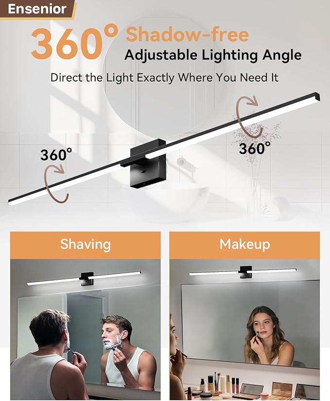 Ensenior Modern Bathroom Vanity Light 48 inch, Built-in Dimmer, 28W Dimmable 5CCT Led Bath Lights, Black Bar Vanity Lights for Bathroom Mirror Cabinets Bedroom-FCC & ETL Certificated