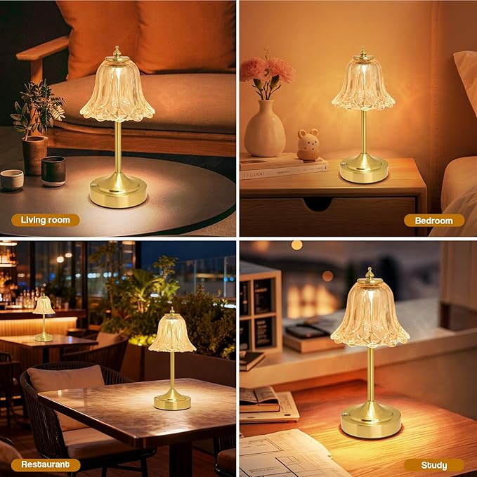 Cordless Table Lamp, Rechargeable 5200mAh Battery Lamp, Flower-Inspired Crystal Small Cordless Lamp with 3 Color Dimmable Touch Control for Bedroom Nightstand Living Room Decor