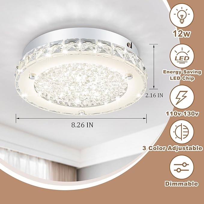 Crystal Ceiling Light Fixture Flush Mount LED Modern Ceiling Light 8.3 Inch Dimmable Crystal Chandeliers for Bedroom, Kitchen, Bathroom, Hallway, Entryway, Dining Room, Foyer, 1320 Lumen, 12W