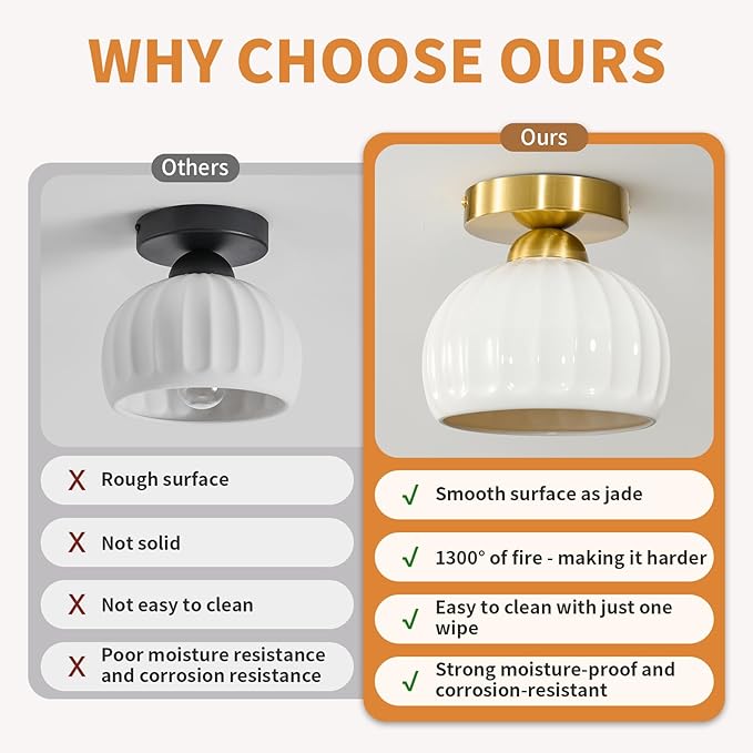 Glaze Ceramic Semi Flush Mount Ceiling Light - 2 Pack, Vintage Gold Hallway Light Fixtures, Milk White Globe Ceiling Lights, Mid Century Small Light Fixture for Cottage Entryway Laundry Room Foyer