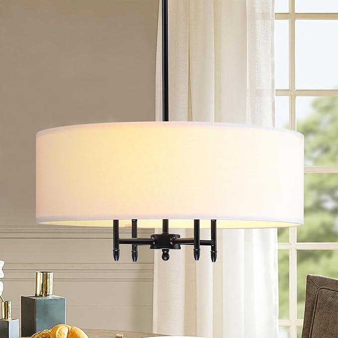 Untrammelife Drum Pendant Chandelier 4-Lights Black Ceiling Hanging Light Fixture with 20" White Shade, for Dining Room Living Room Bedroom Kitchen Island Stairway Hallway