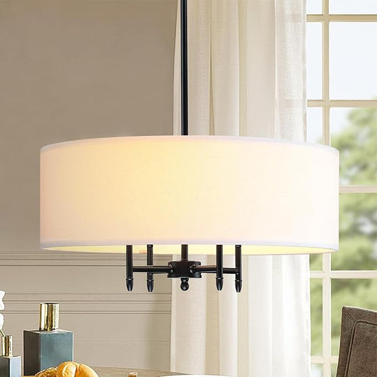 Untrammelife Drum Pendant Chandelier 4-Lights Black Ceiling Hanging Light Fixture with 20" White Shade, for Dining Room Living Room Bedroom Kitchen Island Stairway Hallway