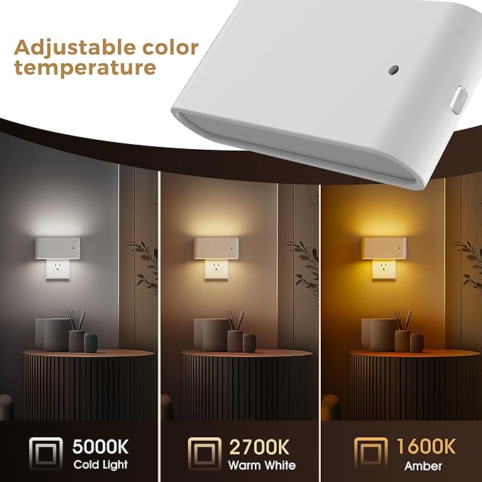 L LOHAS LED Night Light, 2 Pack Modern LED Night Lights Plug into Wall with Dusk to Dawn Sensor, 0-100LM 2000K/3000K/5000K Dimmable Nightlight for Hallway Bedroom Stairway