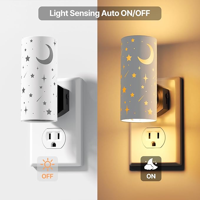 LED Night Lights Plug into Wall, 2-Pack 3000K Bright Plug in Nightlights, Dusk-to-Dawn Sensor, Dimmable 0-100LM, Auto-On/Off, Home Decor for Bedroom, Bathroom, Hallway, Kitchen, White Stars