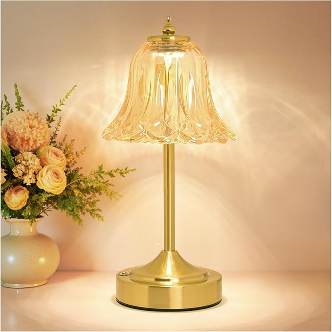 Cordless Table Lamp, Rechargeable 5200mAh Battery Lamp, Flower-Inspired Crystal Small Cordless Lamp with 3 Color Dimmable Touch Control for Bedroom Nightstand Living Room Decor