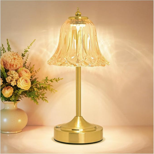 Cordless Table Lamp, Rechargeable 5200mAh Battery Lamp, Flower-Inspired Crystal Small Cordless Lamp with 3 Color Dimmable Touch Control for Bedroom Nightstand Living Room Decor