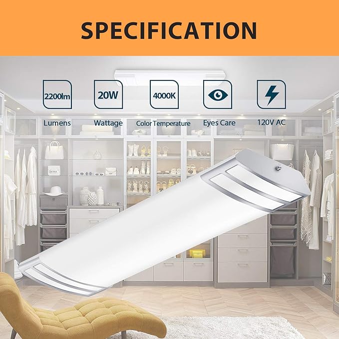 FAITHSAIL 2FT LED Light 20W 2200lm LED Linear Flush Mount Lights, 4000K Neutral White, 2 Foot Kitchen LED Lighting Fixture Ceiling for Craft Room, Laundry, Fluorescent Tube Replacement