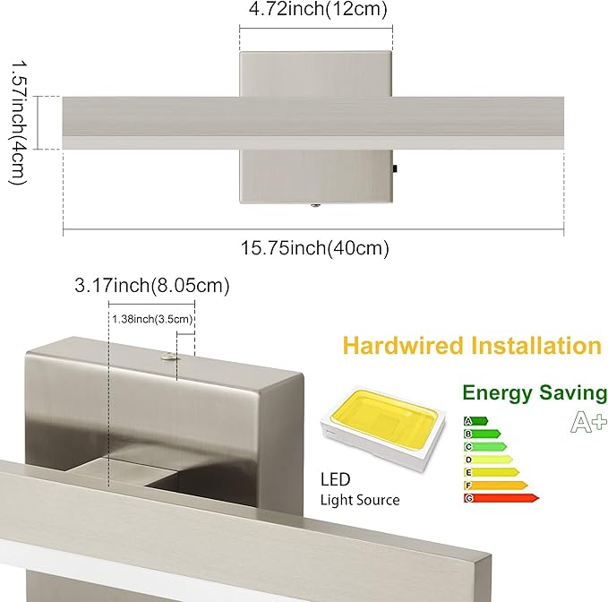 Nickel Bathroom Vanity Light 15.75 inch, 14W Dimmable 5CCT LED Bathroom Light Fixture Over Mirror Restroom Hardwired-ETL Certificated