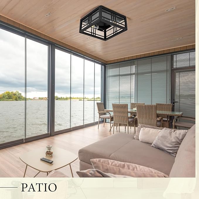 Square Ceiling Light Fixture Flush Mount Ceiling Light Black 2-Light with Seeded Glass, Industrial Ceiling Light Fixture for Kitchen Hallway Porch